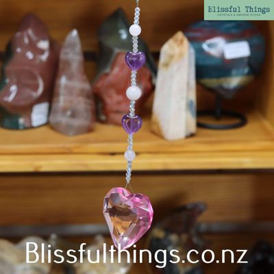 Pink Heart Rainbow Catcher with Amethyst &amp; Rose Quartz