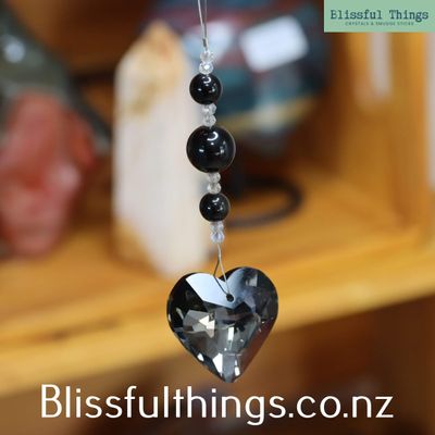 Rainbow Catcher Black Heart 29mm with Obsidian Beads