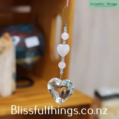 Rainbow Catcher Heart 29mm with Rose Quartz Beads.