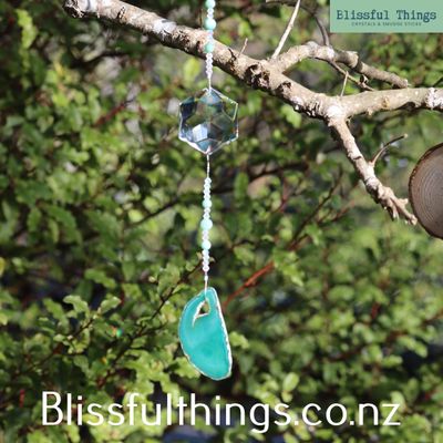 Green Dyed Agate Hanger with sun catcher and Amazonite Beads