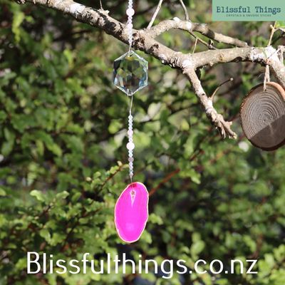 Pink Dyed Agate Hanger with sun catcher and Rose Quartz Beads