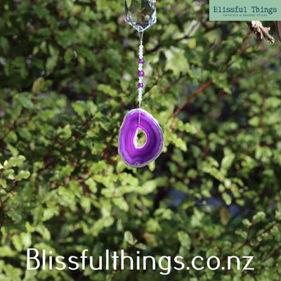 Purple Dyed Agate Hanger with sun catcher and Amethyst Beads