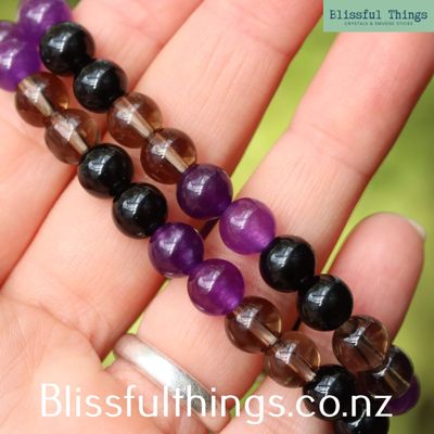 Amethyst, Smoky Qtz &amp; Black Obsidian 8mm Round Beaded Bracelet