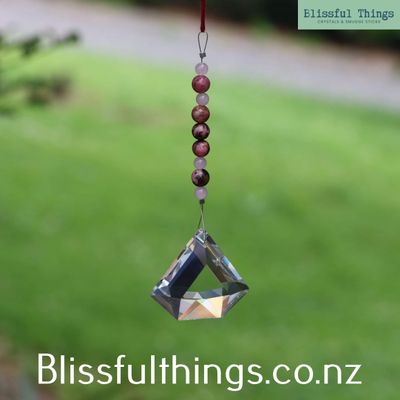 Rainbow Catcher - Five-sided Prism with Rhodonite and Rose Quartz Beads