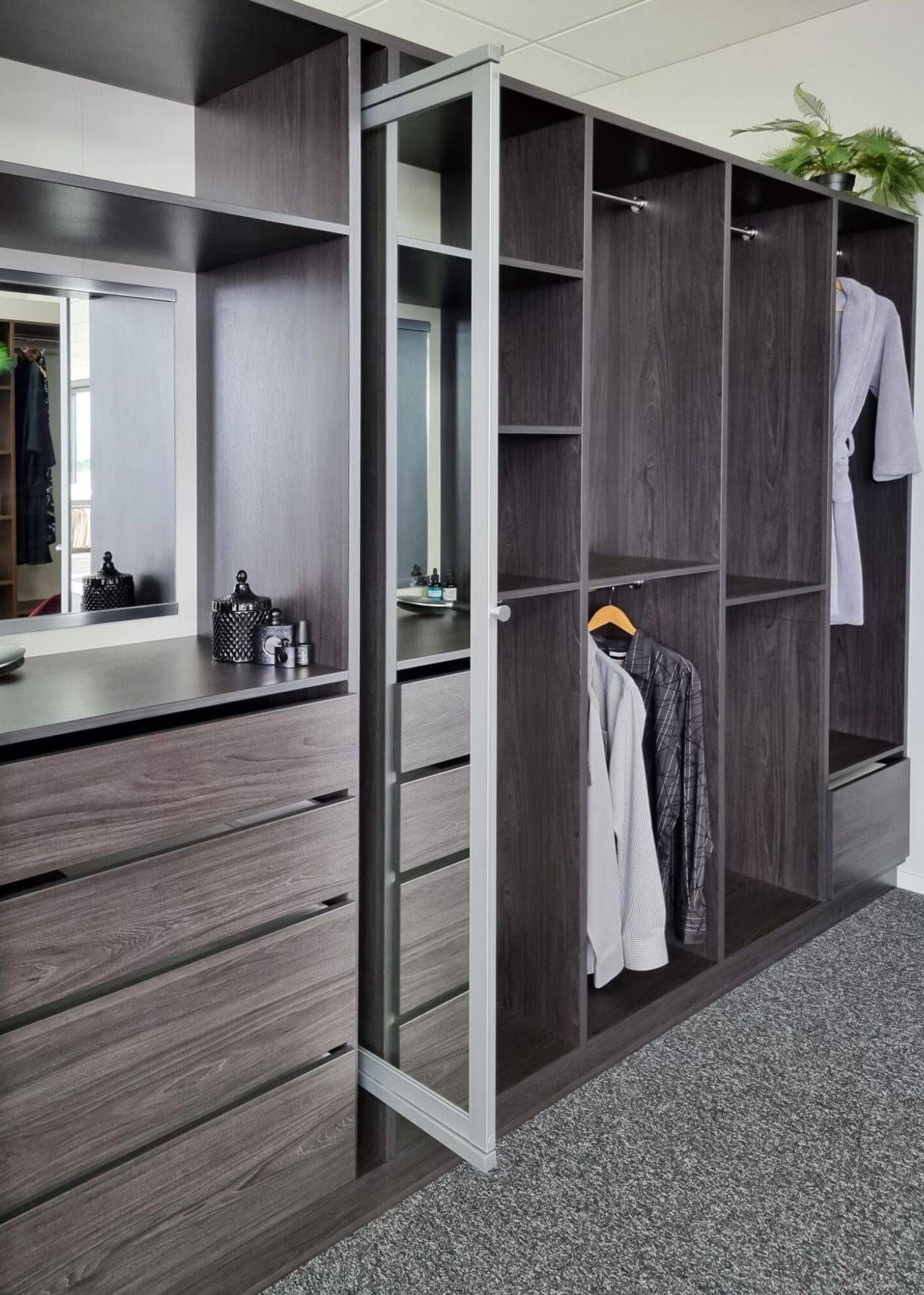 The internal shelving of bedroom cupboards.