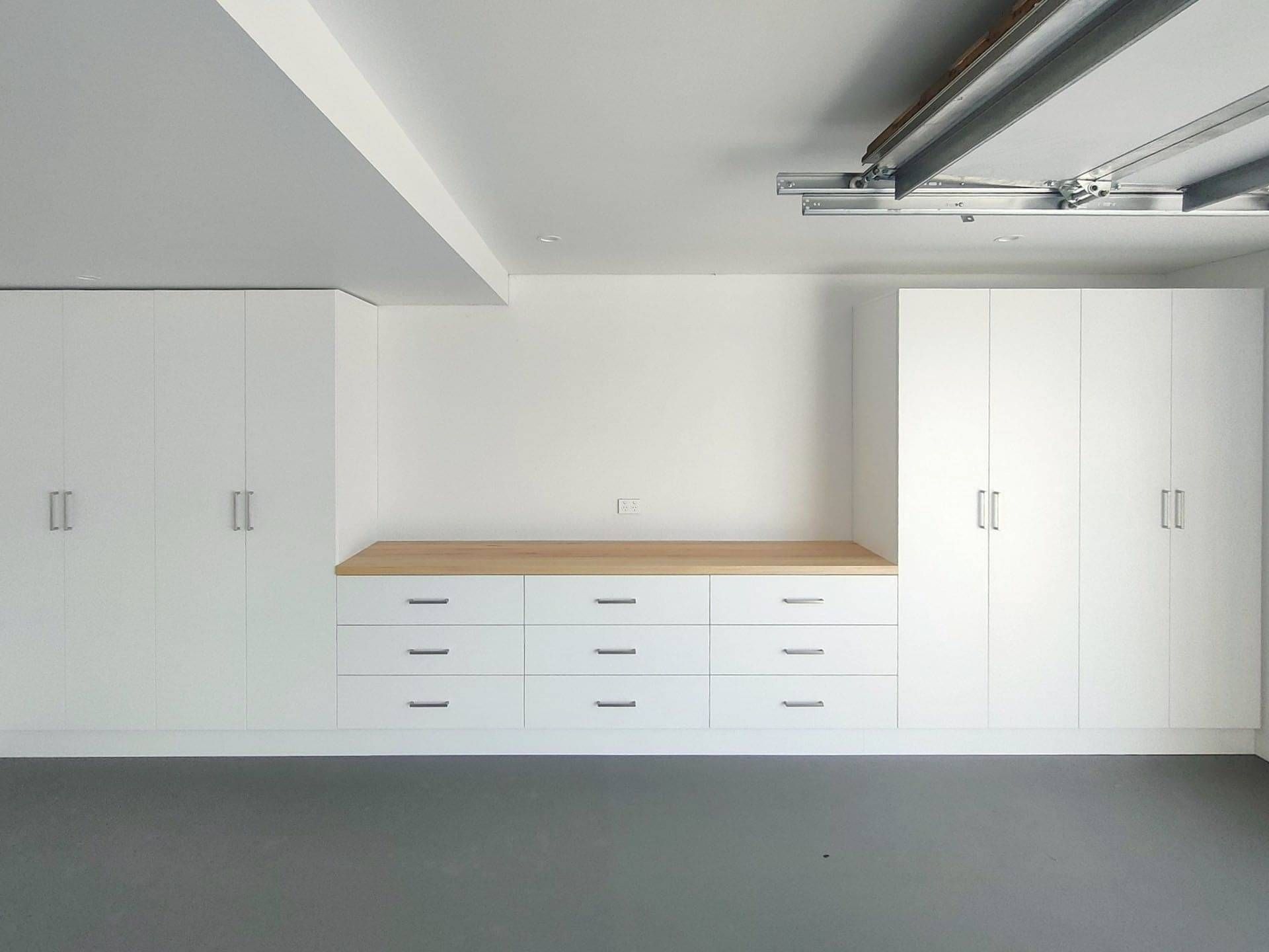 Built-in work bench with storage drawers.