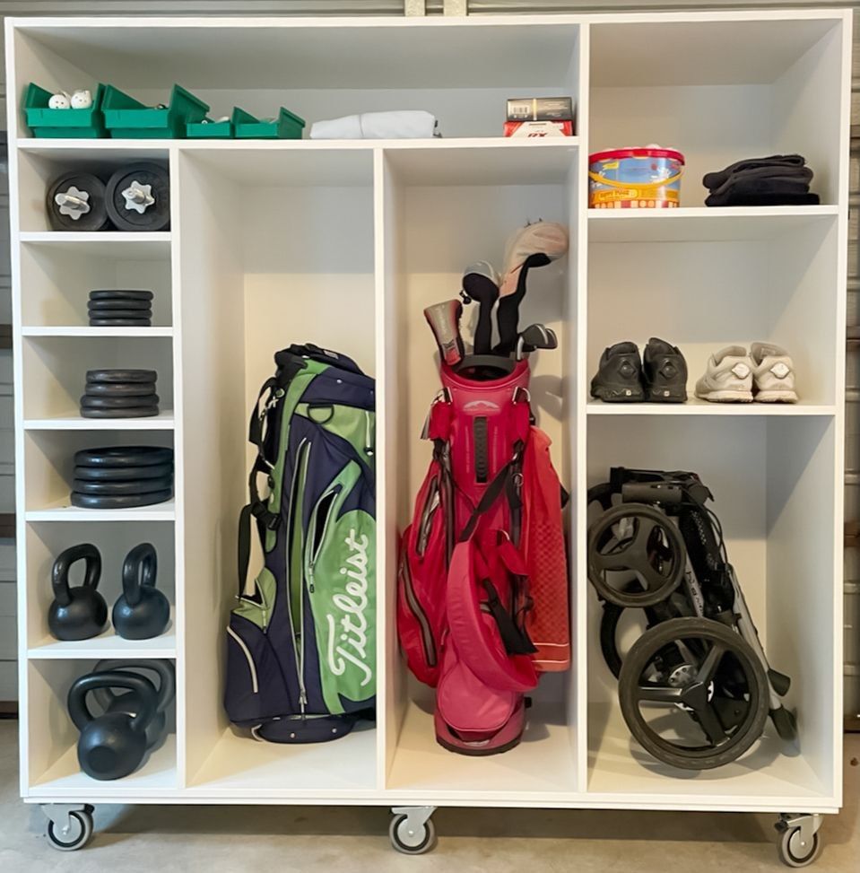 Custom sports gear storage for golf clubs and gym weights.