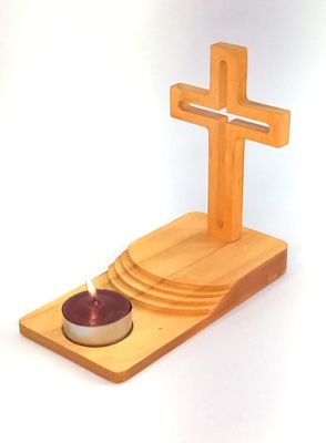 Natural-finish wooden Cross &amp; candle base support - For a limited time only