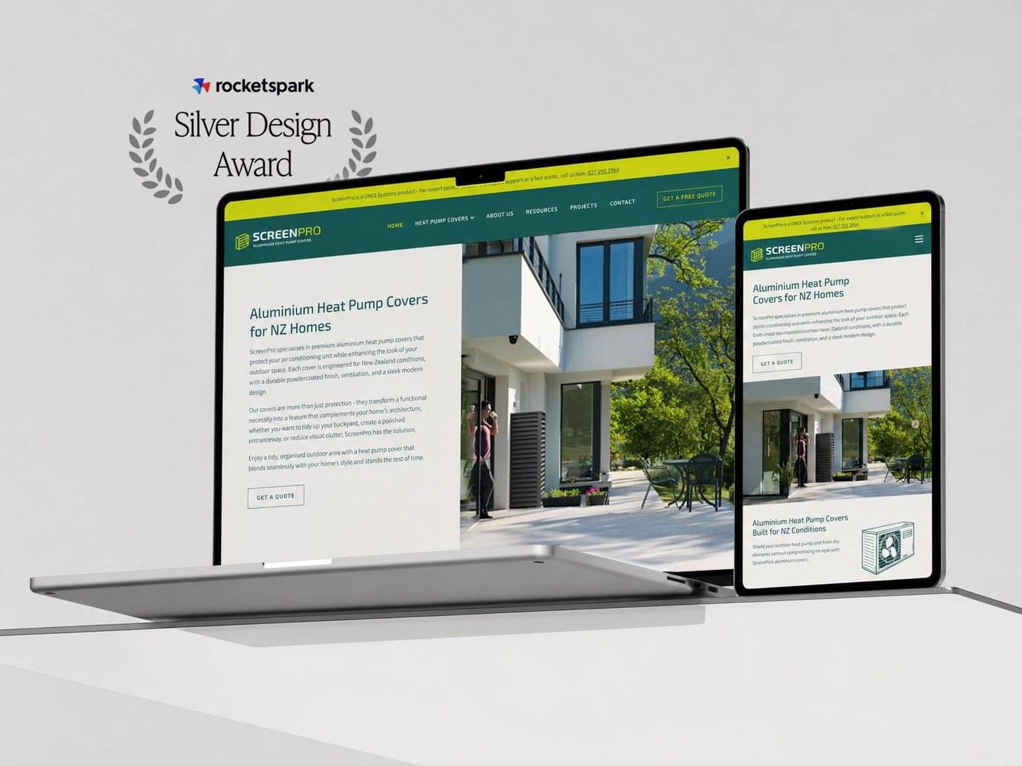 Silver Design Award-winning ScreenPro website displayed on a laptop screen
