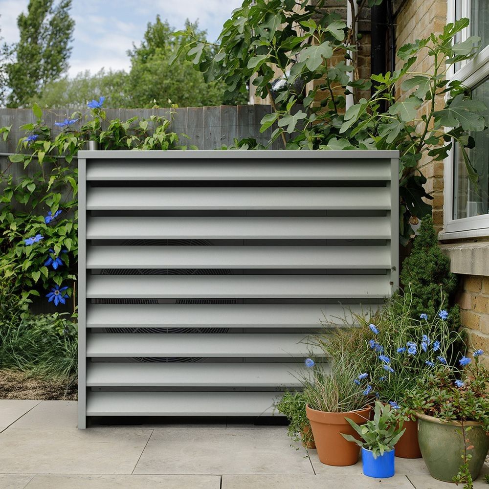 3D render of an aluminium heat pump cover installed in a residential garden setting