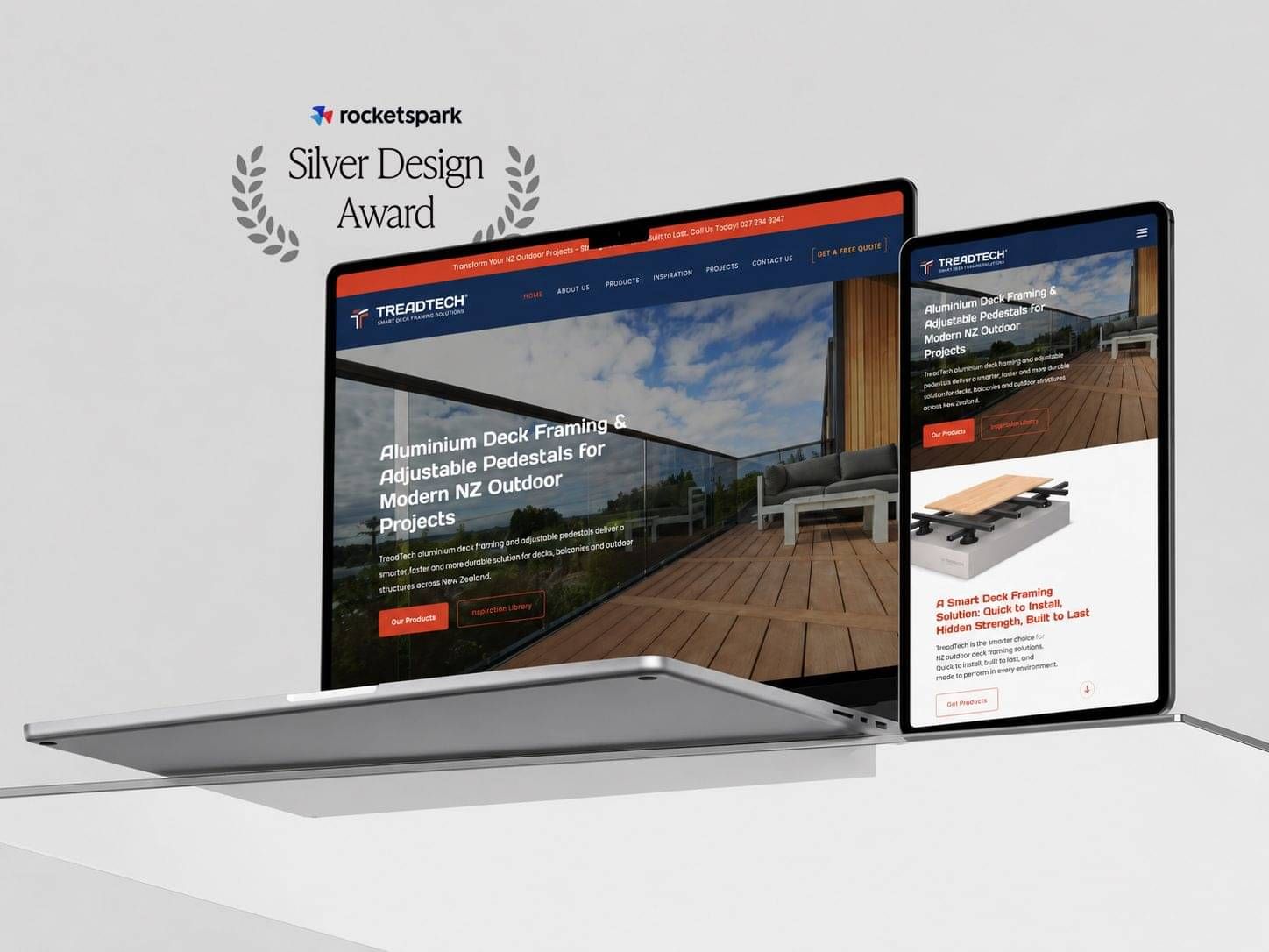 Silver Design Award-winning TreadTech deck framing website shown on a laptop screen