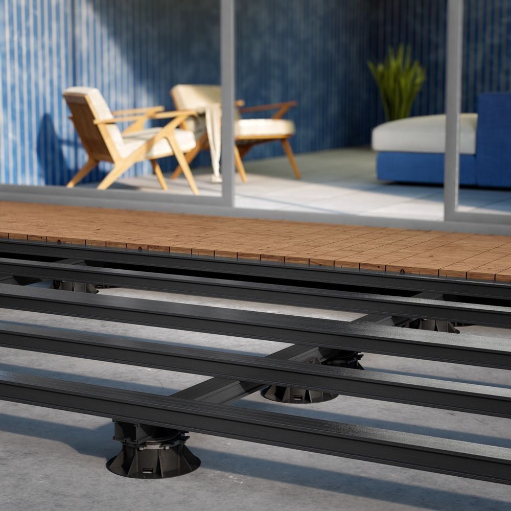 3D product render of an Aluminium deck frame and pedestals residential deck