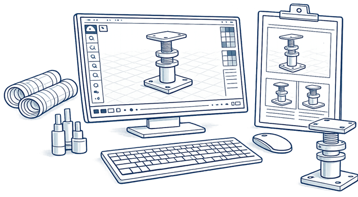 Illustration representing 3D product rendering for technical and building products