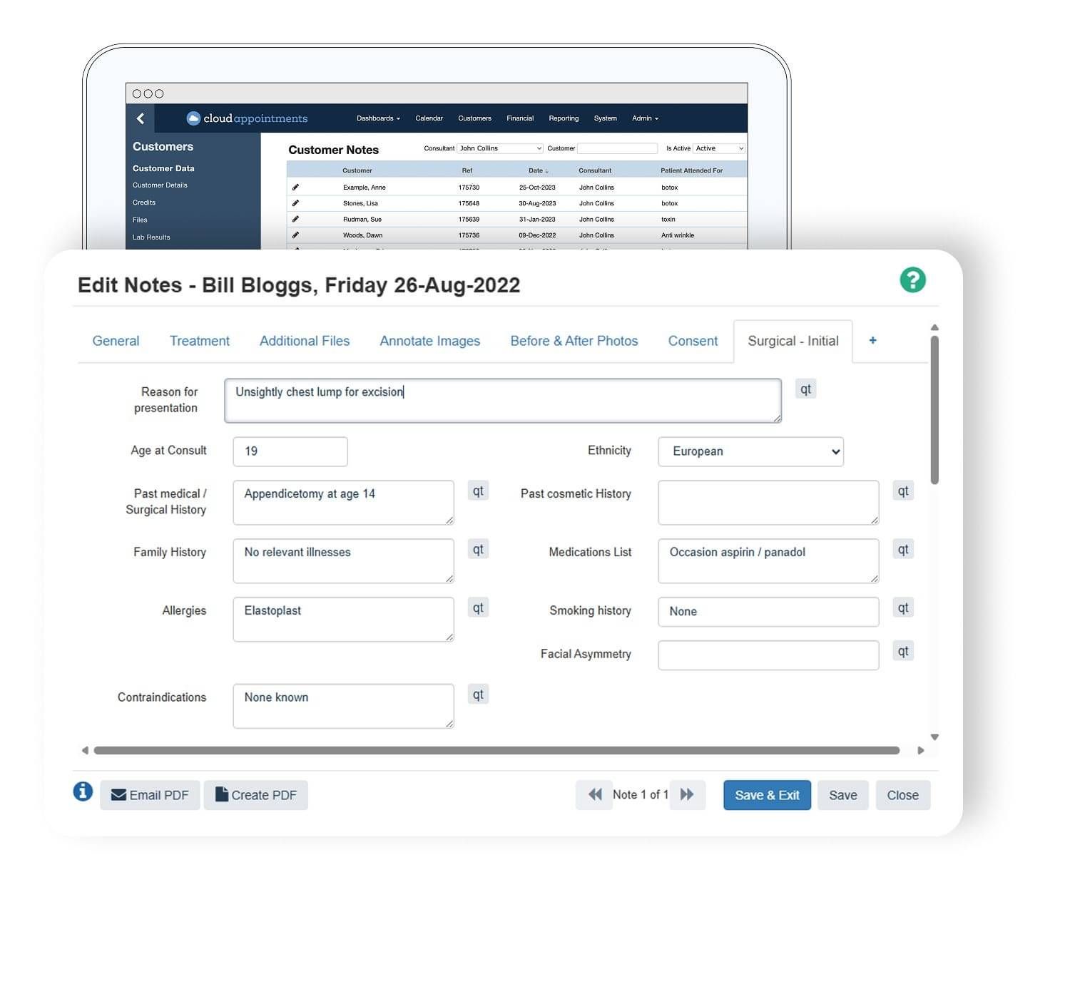 Customisable notes templates record patient demographics and session notes