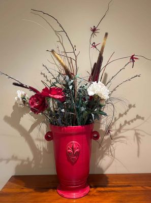 Large Red Vase with Artificial Flowers