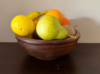 Wooden Bowl with Artificial Fruit