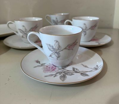 Fine China Tea Cups, side plates and serving dish