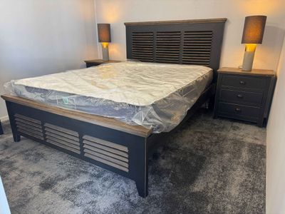 Bedroom Suite - Queen Slat Bed  Bedsides with lamps and Tallboy Drawers