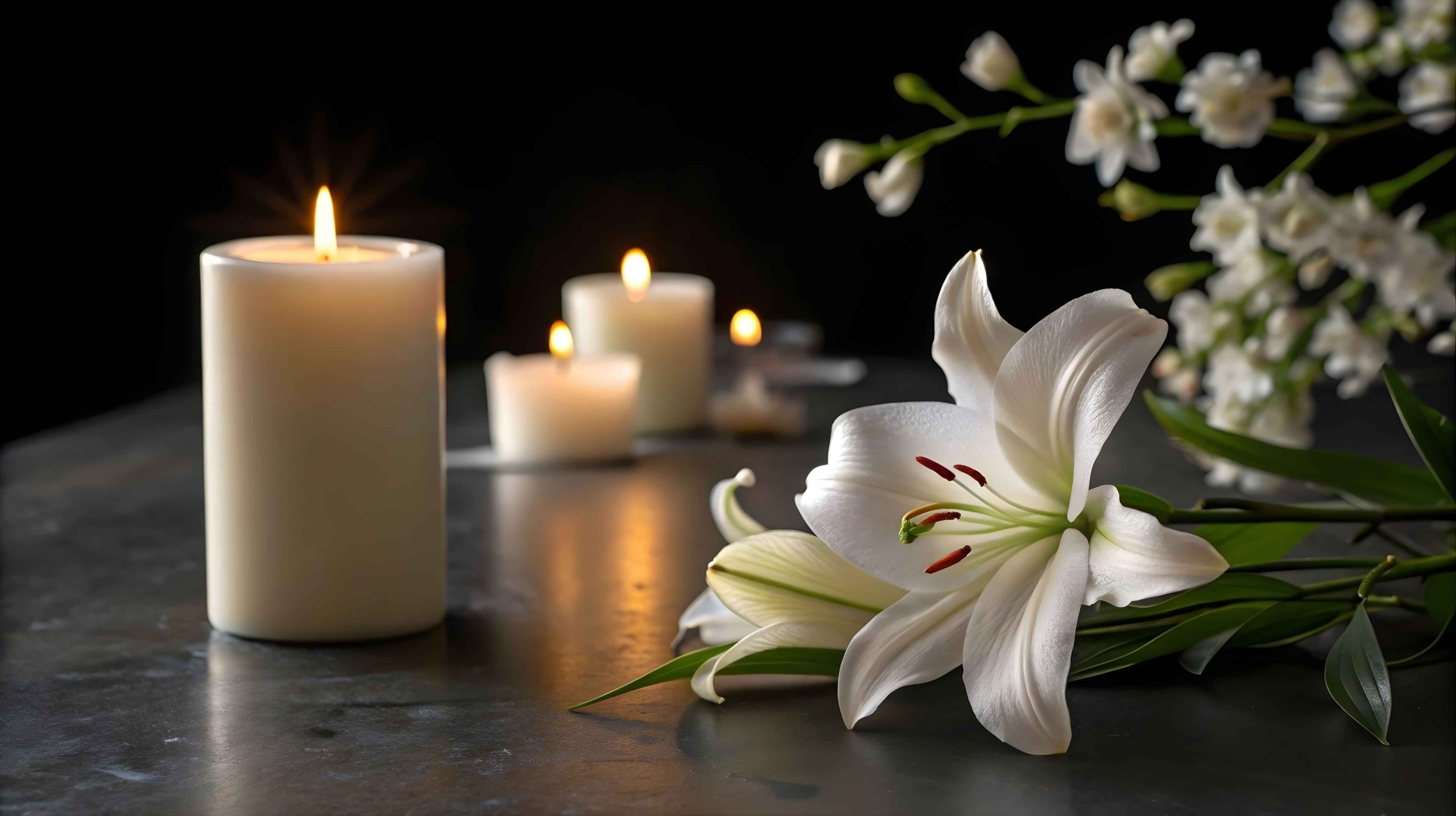 Lighting a memorial candle beside lilies for a funeral service
