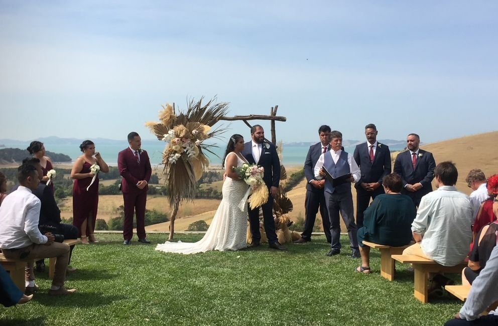 Mark Trubuhovich officiating outdoor wedding ceremonies with couples and wedding parties