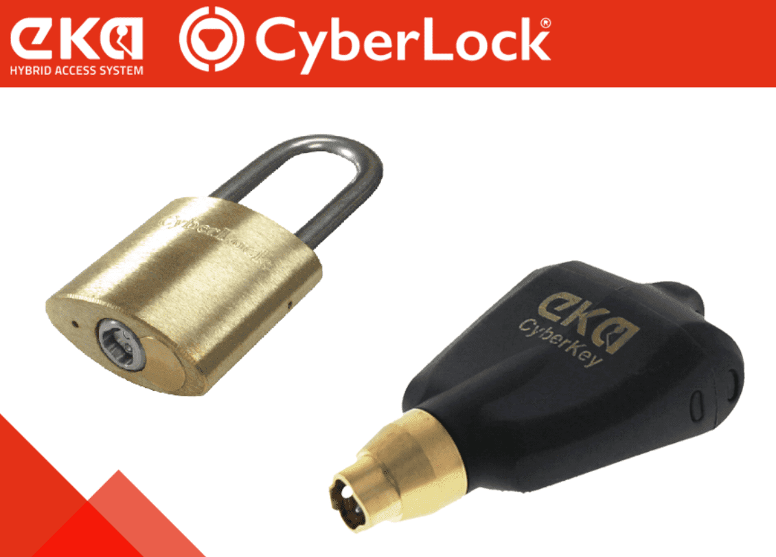 picture of an EKA Cyberlock key alongside a brass padlock using Cyberlock cylinders 