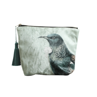 100% NZ Birds &amp; Botanicals Hushed Green Tui Velvet Cosmetic Bag