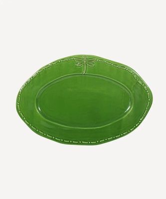 French Country Dragonfly Stoneware Green Oval Platter