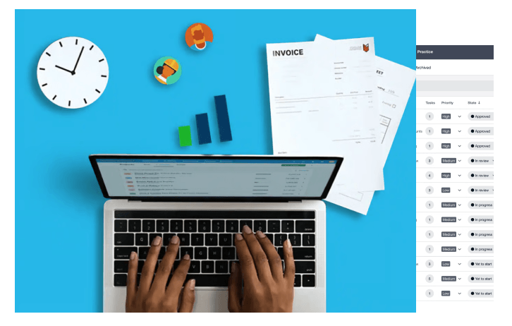 Xero jobs and tax dashboard on a laptop with a desk clock
