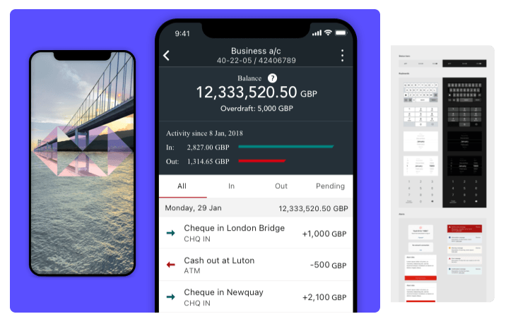 HSBC business banking app screens showing account balance, transaction history, and account menu