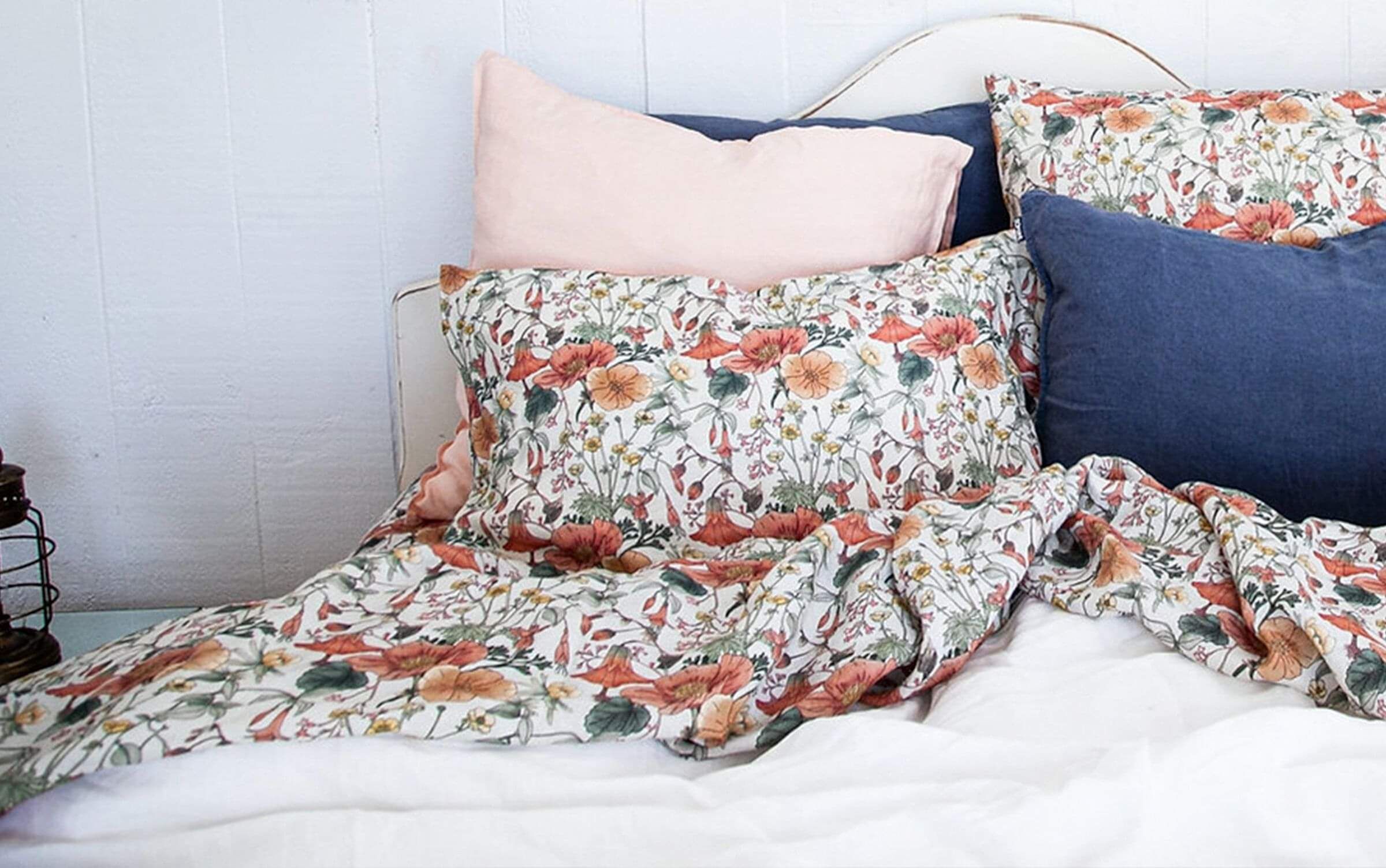 Floral duvet cover and pillow cases on a queen sized bed