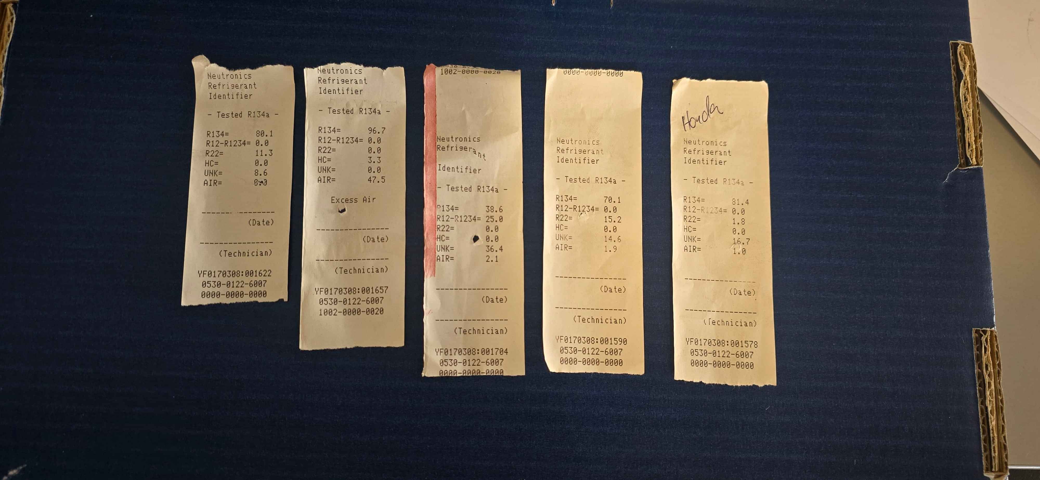 5 refrigreant identification receipts detiling contaminated refrigerant - a mix of air, other refrigerants, hydrocarbons, and unknown gas.