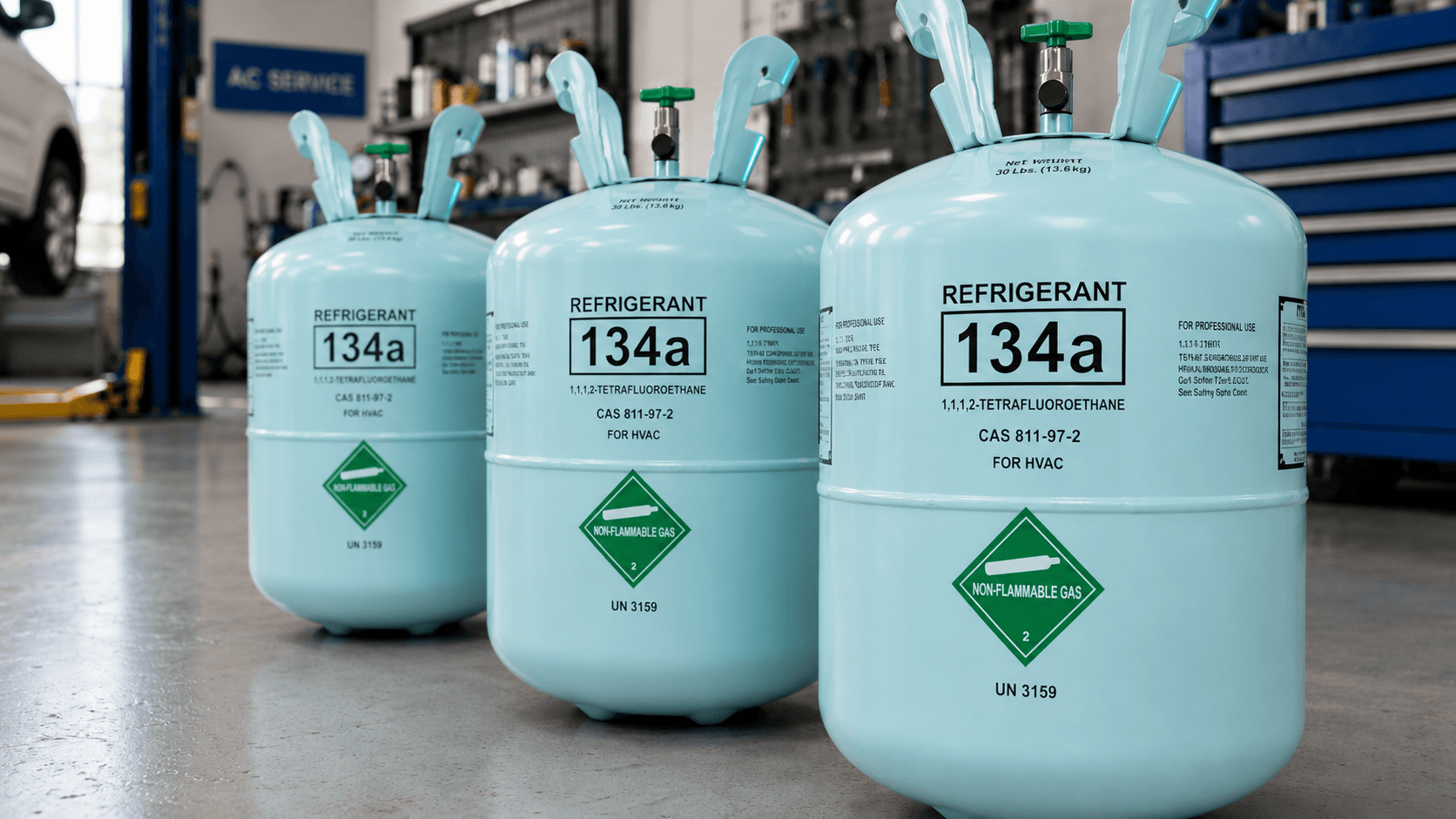 Bottles of R134a refrigerant on workshop floor