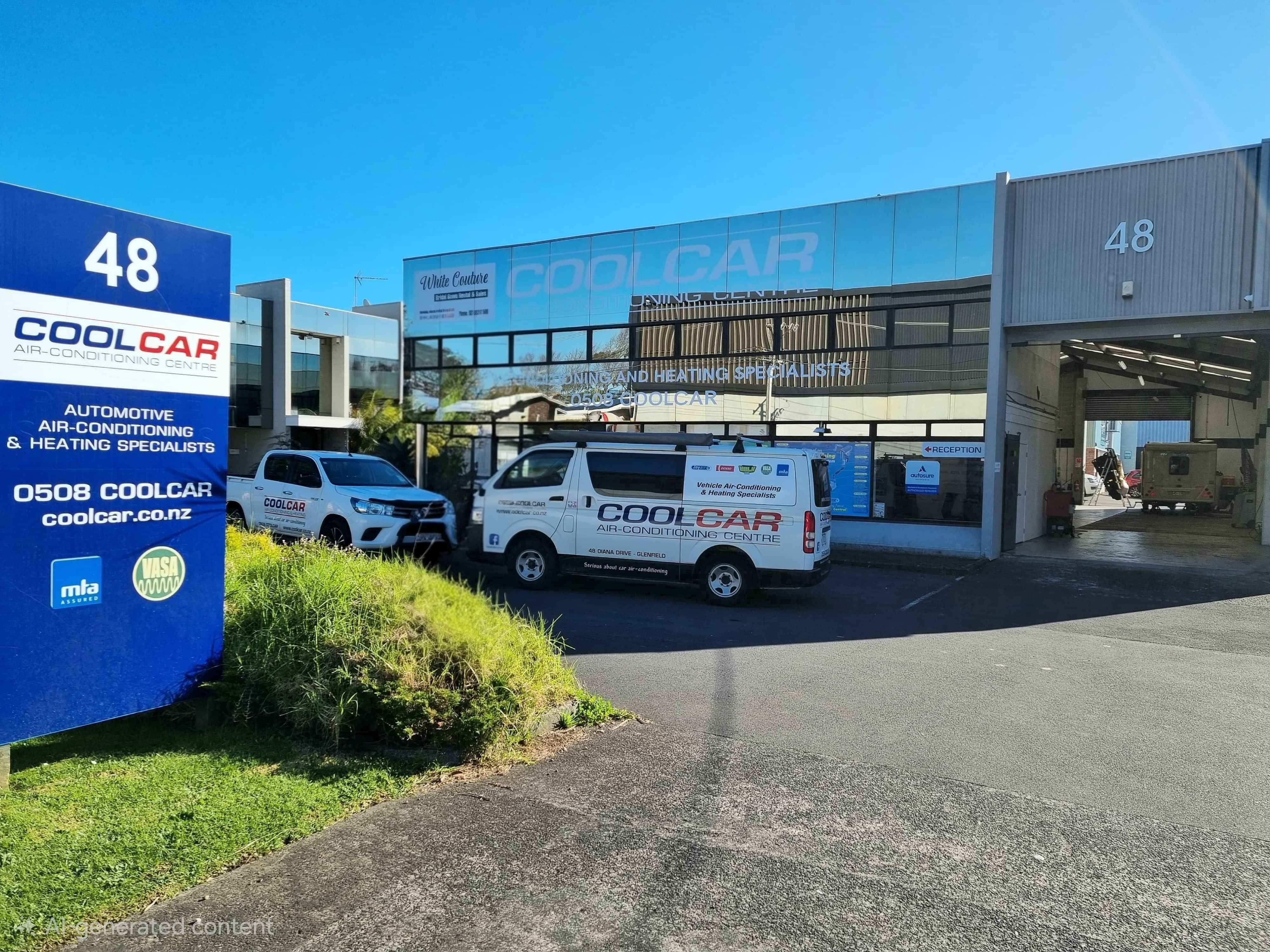 CoolCar ute and mobile van parked outside CoolCar North Shore workshop on beautiful summer's day