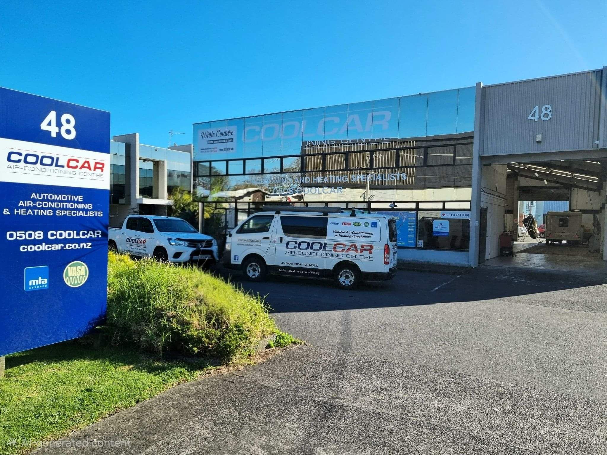 CoolCar ute and mobile van parked outside CoolCar North Shore workshop on beautiful summer's day