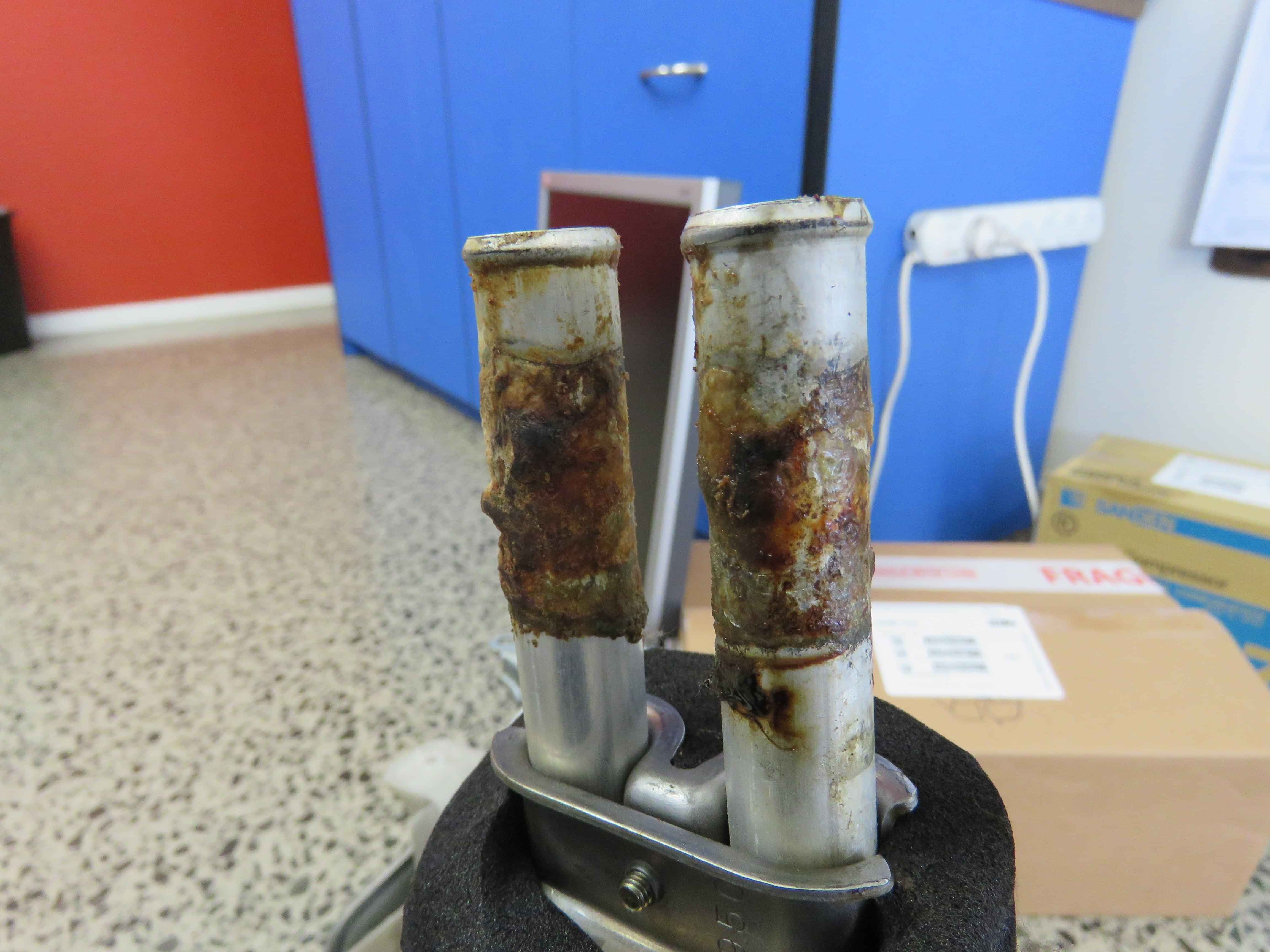 corrosion and gunk from contaminants on heaterbox pipe connectors
