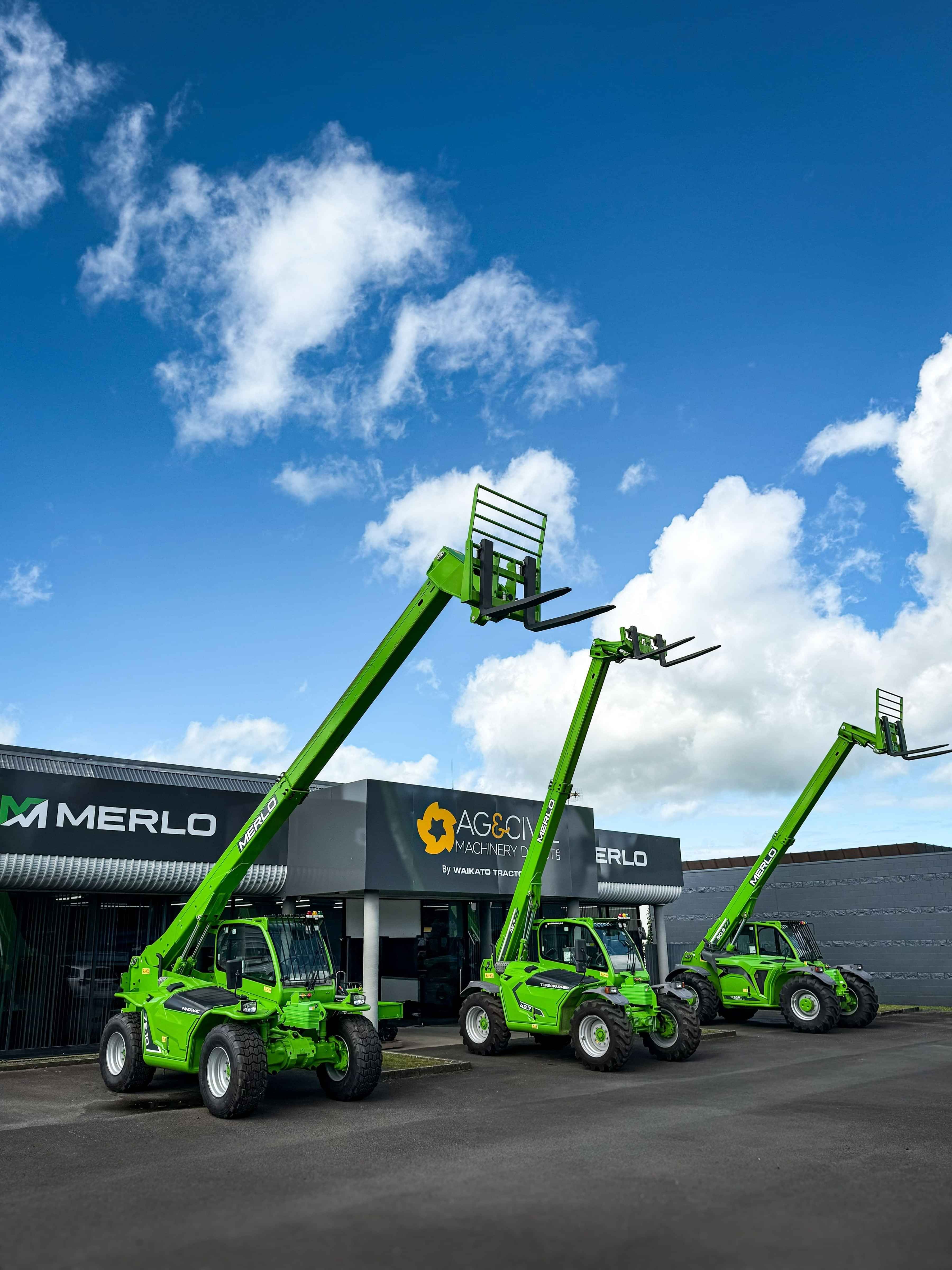 Merlo Telehandler lineup in front of the Ag & Civil office. Proven across NZ agriculture and civil work.
