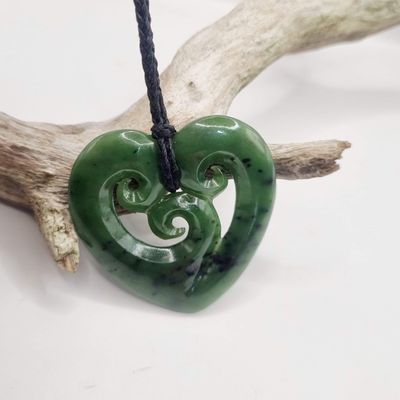 NZ Greenstone Pounamu Triple Koru Heart Necklace TKH0704