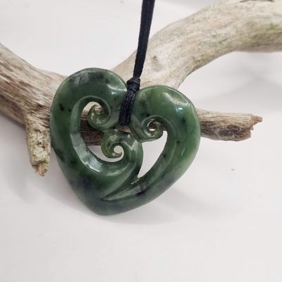 New Zealand Greenstone Pounamu Triple Koru Heart Necklace TKH0700