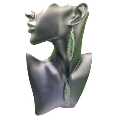 New Zealand Greenstone Etched Drop Pendant Set 202