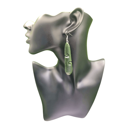 New Zealand Greenstone Pounamu long double Koru Drop Earrings
