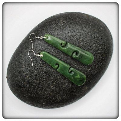 NZ Greenstone Pounamu long double Koru Drop Earrings