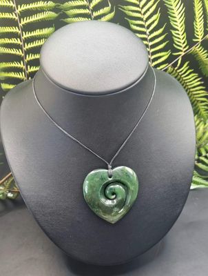 New Zealand Greenstone Pounamu Heart with Koru HK040