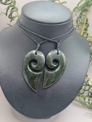 New Zealand Greenstone Pounamu Split Heart Koru 2 pc Pendants 90