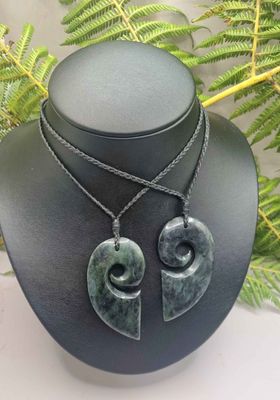 New Zealand Greenstone Pounamu Split Heart Koru 2 pc Pendants SP002