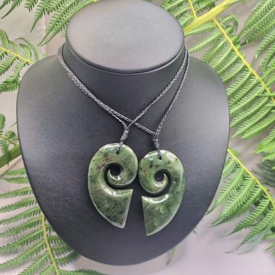 New Zealand Greenstone Pounamu Split Heart Koru 2 pc Pendants SPH0300