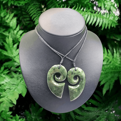 New Zealand Greenstone Pounamu Split Heart Koru 2 pc Pendants SPH0300