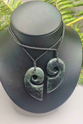 New Zealand Greenstone Pounamu Split Heart Koru 2 pc Pendants SP003