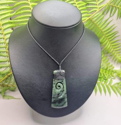 New Zealand Greenstone Pounamu Hei Toki with Koru Pendant D