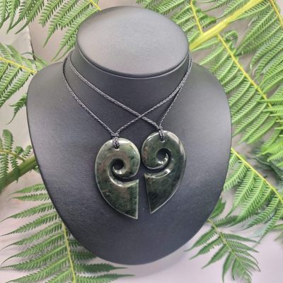 ​New Zealand Greenstone Pounamu Split Heart Koru 2 piece Pendants 0301