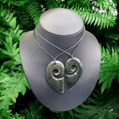 ​New Zealand Greenstone Pounamu Split Heart Koru 2 piece Pendants 0301